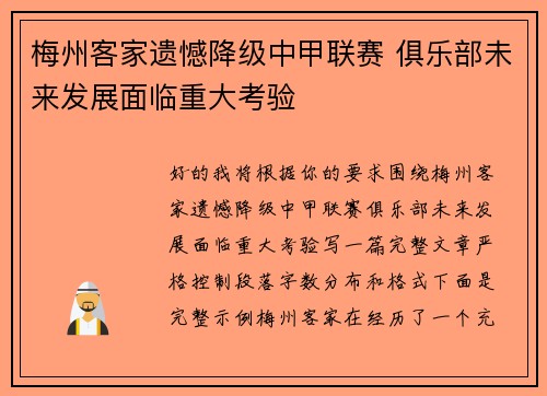 梅州客家遗憾降级中甲联赛 俱乐部未来发展面临重大考验 梅州客家遗憾降级中甲联赛 俱乐部未来发展面临重大考验