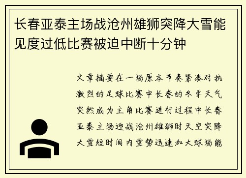 长春亚泰主场战沧州雄狮突降大雪能见度过低比赛被迫中断十分钟 长春亚泰主场战沧州雄狮突降大雪能见度过低比赛被迫中断十分钟